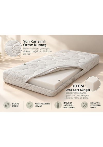 Garga Premium 10 CM Çocuk Yatağı Bebek Yatağı - Yünlü Ortopedik Park Yatak, Beşik & Anne Yanı Uyumlu 60 x 100