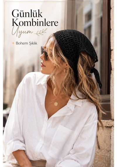 El Örgüsü Saç Bandanası Bohem Bone Yazlık Kombin Bandana Saç Aksesuarı Siyah