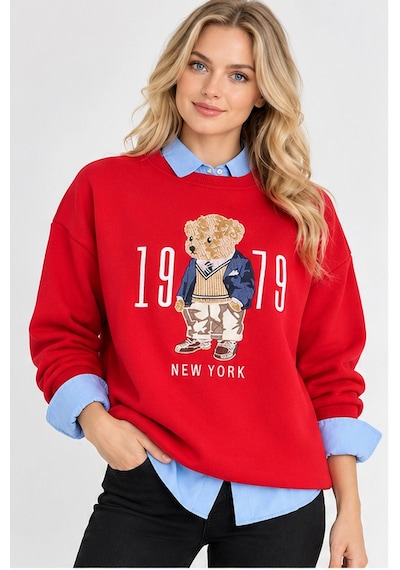 Mevese Kadın Beyaz Teddy Nakışlı Bisiklet Yaka Sweatshirt - Peluş Kabartma Nakış Detaylı Rahat Kesim Sweat- Kırmızı