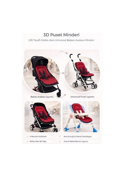 3d Mesh Puset Ve Bebek Arabası Minderi 4 Mevsim Çift Taraflı Terletmez Universal Bebek Oto Koltuğu Minderi Kırmızı
