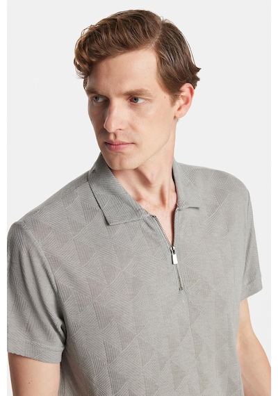 Tudors Erkek Slim Fit Dar Kesim Viskon Fermuarlı Polo Yaka Gri Tişört-34352 Gri