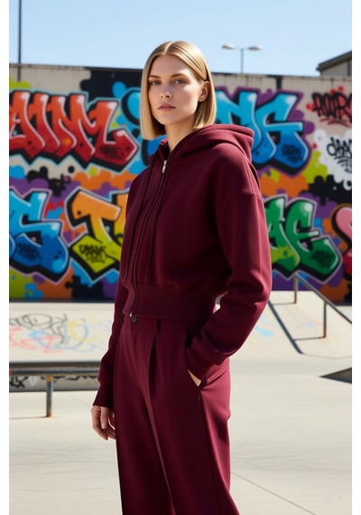 Benerly Kadın Kapüşonlu Fermuarlı Uzun Kollu Örme Sweatshirt Fonksiyonel Mürdüm