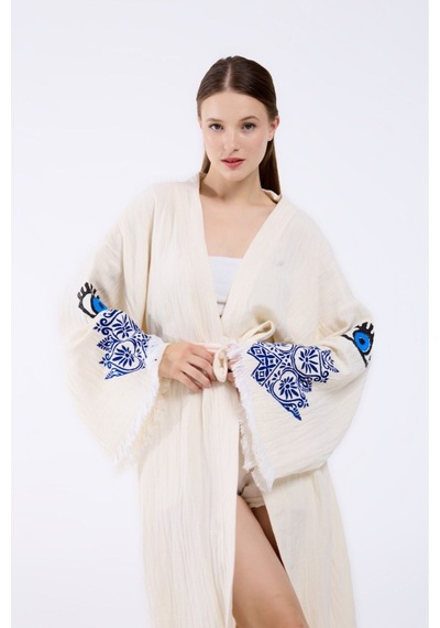 Befera Müslin Kimono Pamuklu Etnik Göz Baskılı Desenli Bornoz Kaftan Sabahlık Ekru