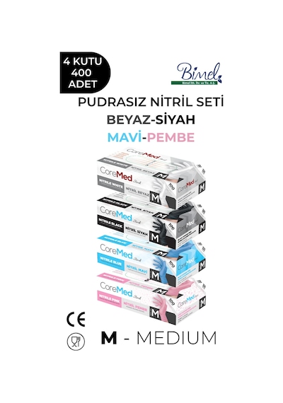 Nitril Muayene Eldiveni Seti M - 4 Paket 100 Lü - Beyaz-siyah-mavi-pembe