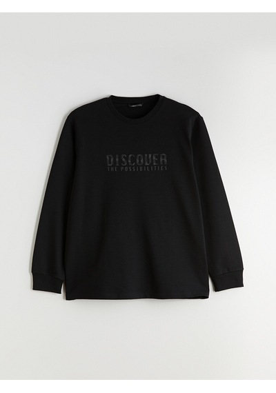 Lcwaıkıkı Classic Siyah Büyük Beden Bisiklet Yaka Baskılı Erkek Sweatshirt