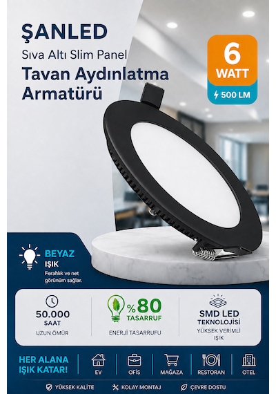 6w Tasarruflu Led Yuvarlak Siyah Kasa Beyaz Işık Sıva Altı Panel Aydınlatma Armatürü 2 Adettir