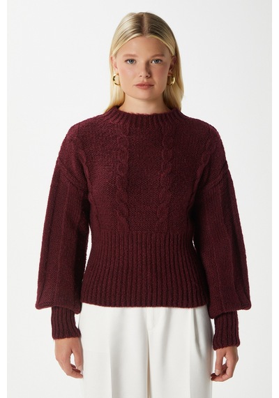 Ritnice Kadın Stay Yumuşak Doku Saç Örgü Kalın Bordo Triko Kazak Kz00174 Bordo