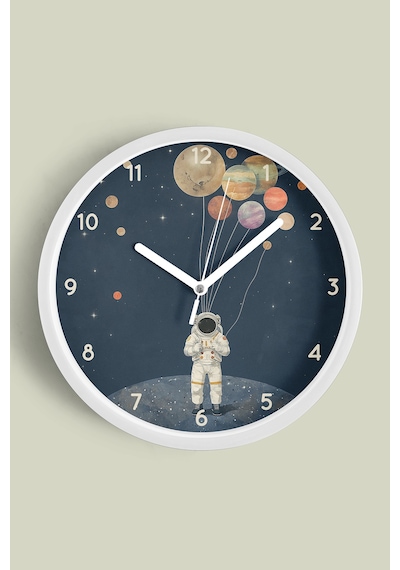 Uzay - Astronot - Gezegen Temalı Çocuk Odası Modern Duvar Saati - 30cm - Önü Camlı Beyaz Kasa Beyaz