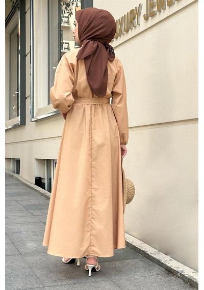 Sevitli Yakalı Mevlana Elbise-camel-1705 - Kadın Kahverengi