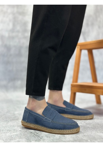 Ba0359 Boa Doğal Deri Tozu Bağcıksız Kauçuk El Yapımı Espadril Taban Mavi Renk Erkek Ayakkabı Mavi