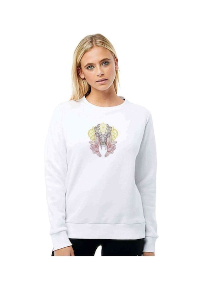 Mandala Geyik Baskılı Beyaz Kadın Sweatshirt