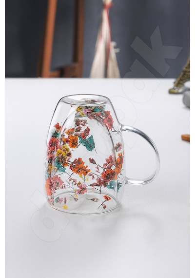350 Ml Çidarlı Bardak - Çiçekli Çift Cam Bardak - El Yakmaz Camlı Bardak Borosilikat Isıya Dayanıklı Cam - Şeffaf