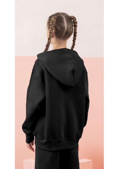 Çocuk Şardonlu Kapüşonlu Fermuarlı Sweatshirt Günlük Rahat Hırka-9647 Siyah