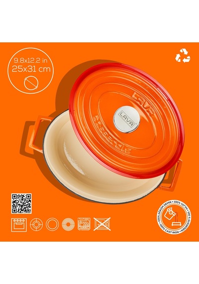 Lava Döküm Oval Tencere. Edition Serisi Ölçü 25x31cm. Turuncu Kırmızı