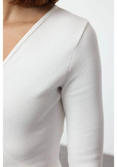 Ersefa Moda Kruvaze Örme Slim Düz Desen Casual Günlük Crop Uzun Kol Bluz Ekru