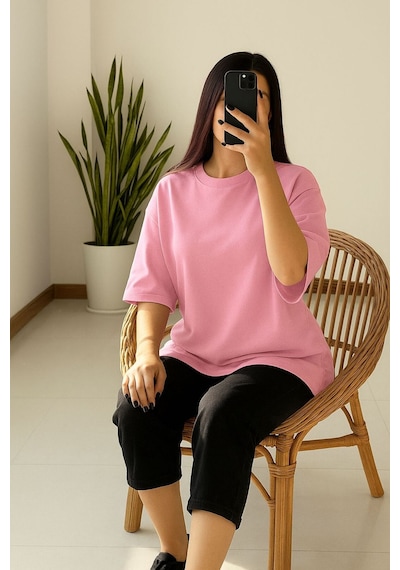 Düz Oversize Unisex Tişört Yb6 Pembe