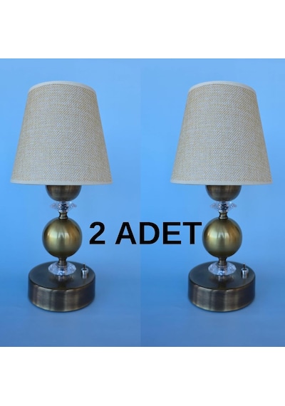 Abajur, Dekoratif Pilli Abajur Eskitme Metal Ayaklı Bej Kumaş Başlıklı Şık Masa Lambası 2'li Set