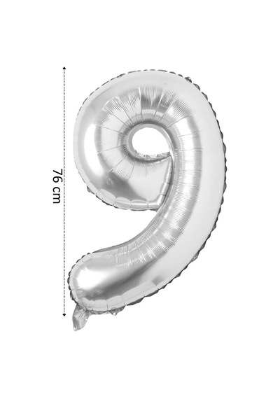 9 Rakam Gümüş Gri Folyo Balon 34 İnç 76 Cm Gümüş Gri Gümüş Gri