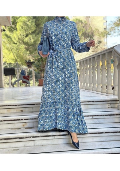 Lasorella Butik Desenli Mavi Uzun Elbise