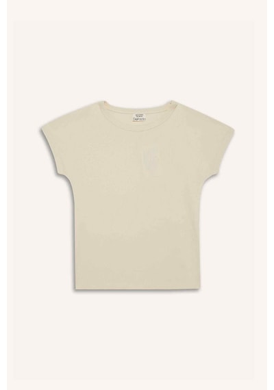 Defacto Slim Fit Dar Kesim Bisiklet Yaka Basic Düz Fitilli Kaşkorse Kısa Kollu Tişört Kız Çocuk B3053A824SM Ekru