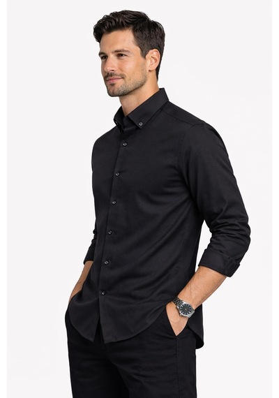 Classics Men Shoow Uzun Kol Slim Fit Erkek Keten Gömlek - 7576 Siyah