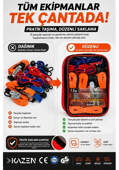Kazen 15X Parça Spanzet Bagaj Lastiği Gerdirme Halat + Kayış Seti