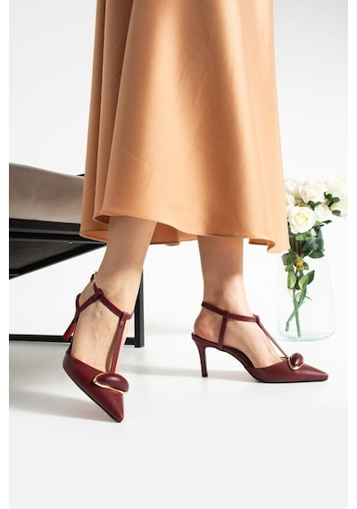 Elvı Bordo Kadın Bantlı Topuklu Ayakkabı 7 Cm Bordo