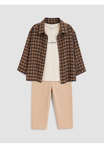 LC Waikiki Lcw Baby Kahverengi Kareli Erkek Bebek Gabardin Takım