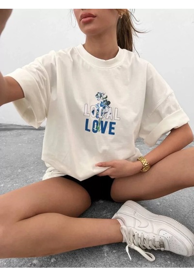 DefyModa Unisex Bisiklet Yaka Baskılı Oversize T-shirt - Beyaz