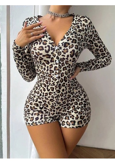 Go İthalat Kadın Şık Tasarım Pamuklu Leopar Desenli Düğmeli Uzun Kol Tulum Pijama