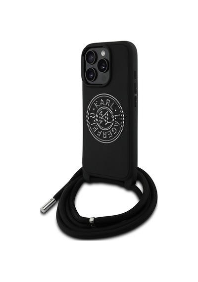 Apple Uyumlu iPhone 16 Pro Kılıf Karl Lagerfeld Lisanslı Askı İpli Taşlı Kl Yazılı Crossbody Cord Kapak Siyah