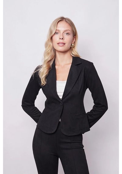Kadın Kadife Likralı Yumuşak Dokulu Flato Cepli Uzun Kol Düğmeli Blazer Mono Ceket-siyah Siyah