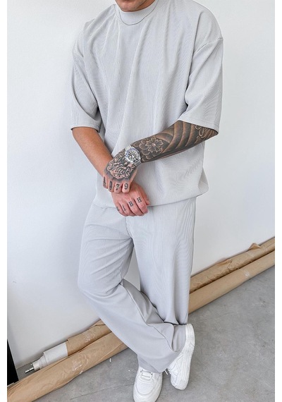 Gri İnce Fitilli Oversize Tişört Gri