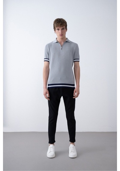 Baselco Triko Polo Yakalı T-shirt - Premium Ribana Detaylı Gri