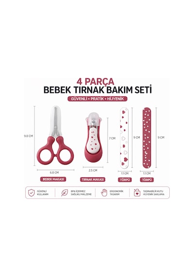 4 Parça Bebek Tırnak Bakım Seti Pembe Güvenli Makas, Tırnak Makası, Törpü Yenidoğan Bebek Bakım Seti