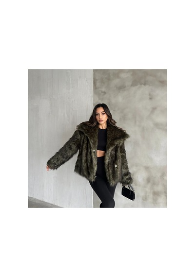 Rabia Çelik Kadın Yeşil Premium Peluş Kışlık Suni Kürk Mont Yeşil Yeşil