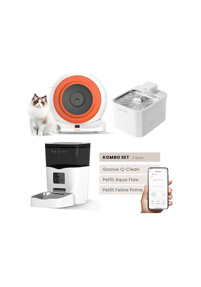 Groove Q-clean Akıllı Otomatik Kedi Tuvaleti Turuncu - Petfit Aqua Flow Akıllı Bataryalı Su Pınarı Çeşmesi + Petfit Feline Prime Akıllı Otomatik Mama Kabı Bundle
