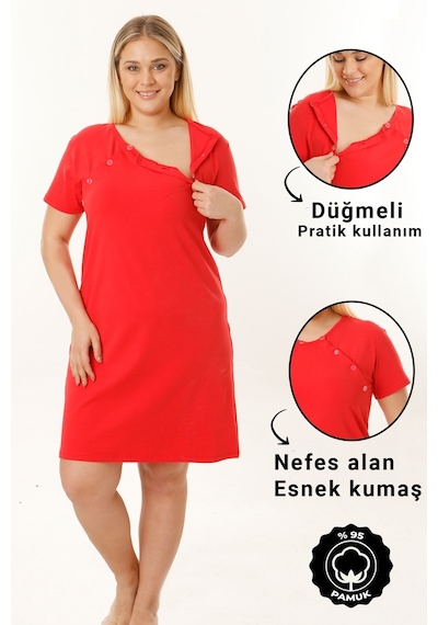 Ms Hamile İç Giyim Hamile Emzirme Geceliği Kısa Kollu Kırmızı