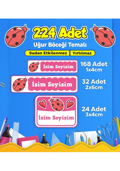 Uğur Böceği Temalı Okul Kreş Kişiye Özel İsim Etiket Seti - Model 128 Çok Renkli