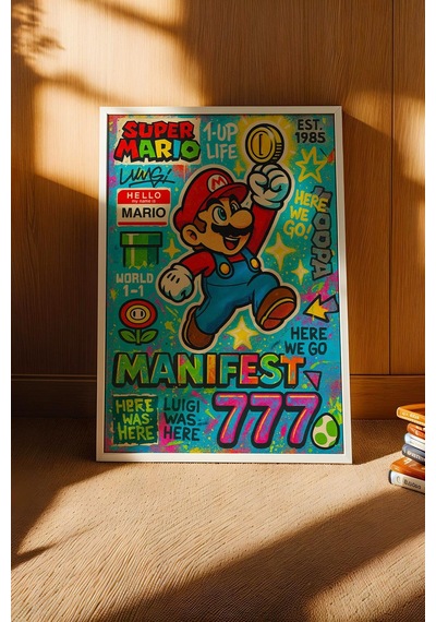 Super Mario Çerçeveli Tablo Manifest 777 Gamer Arkadaşa Hediye Street Art