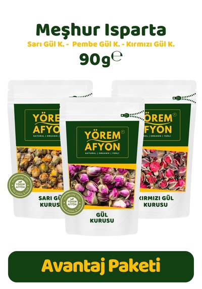 Yörem Afyon Meşhur Isparta Tomurcuk Kokulu Gül Kurusu 3'lü Avantajlı Set 90gr.