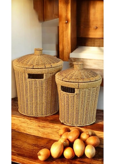 Wicker 2'li Hasır Kapaklı Patates Soğan Sepet Set 2 Boy Sunum Seb