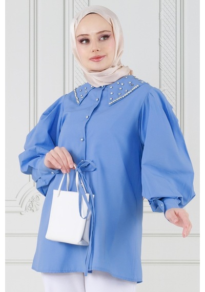Sevitli Yakası Taş Çakım Tunik-mavi-3645-mavi Mavi