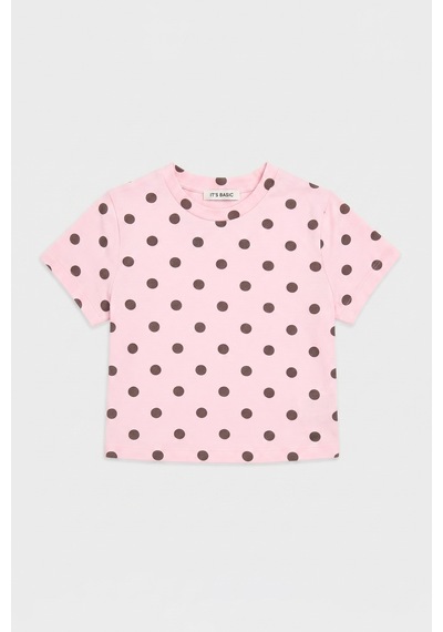 Kadın Pembe Puantiyeli S6-98 Crop Fit T-shirt