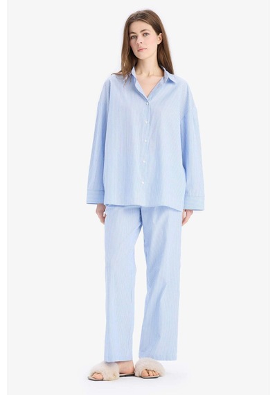 DeFacto Çizgili Pijama Yaka Poplin Pijama Üstü-Fall in Love E3113AX25SPBE747
