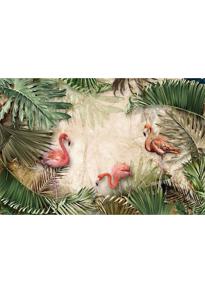Flamingolar Ve Tropikal Yapraklar Duvar Kağıdı (360364755)