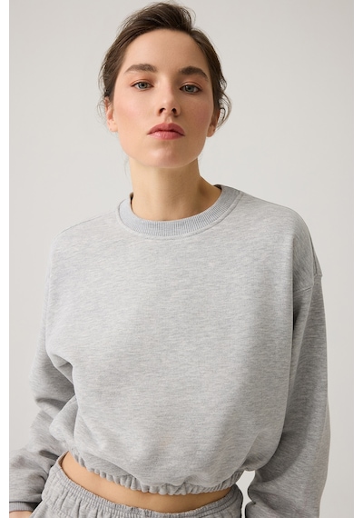 Los Ojos Gri Melanj Geniş Kalıp Beli Büzgülü Crop Sweatshirt Cropped Pullover Gri Melanj Gri Melanj