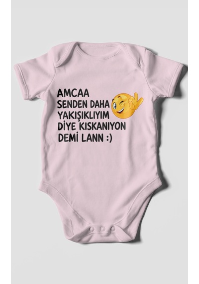 Morivokids Amaa Senden Daha Yazılı Kısa Kollu Bebek Body %100 Pamuk Bebe Pembe