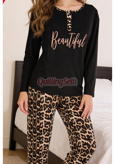 Siyah Renk, Leopar Desenli Lady 11647 Pamuk Viskon Kadın Uzun Kol Pijama Takımı Siyah - Sarı