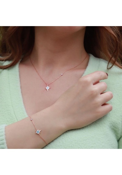 Kutup Yıldızı Figürlü Zirkon Taşlı Mine İşli Rose Gold Kaplama Gümüş Set Gümüş